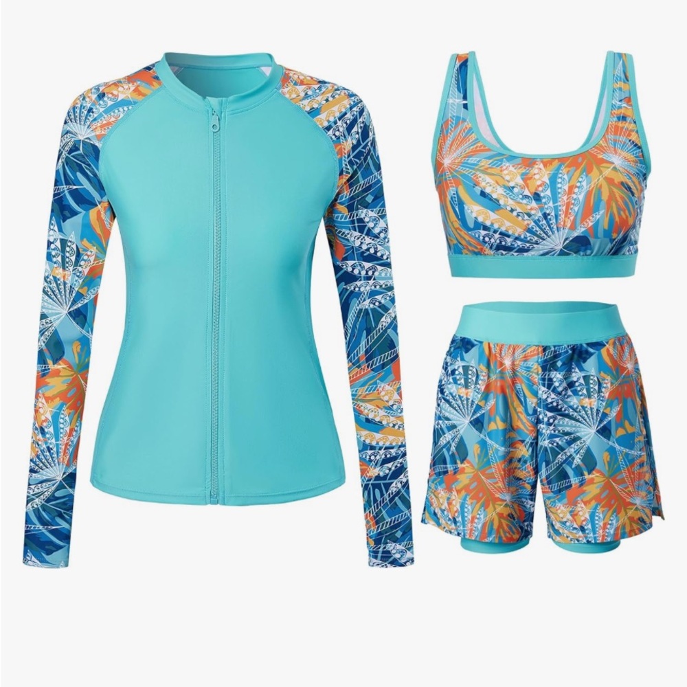 NWT 2XL Rash Guard Long Sleeve Bathing Suit with Boyshorts and Bra UPF 50+